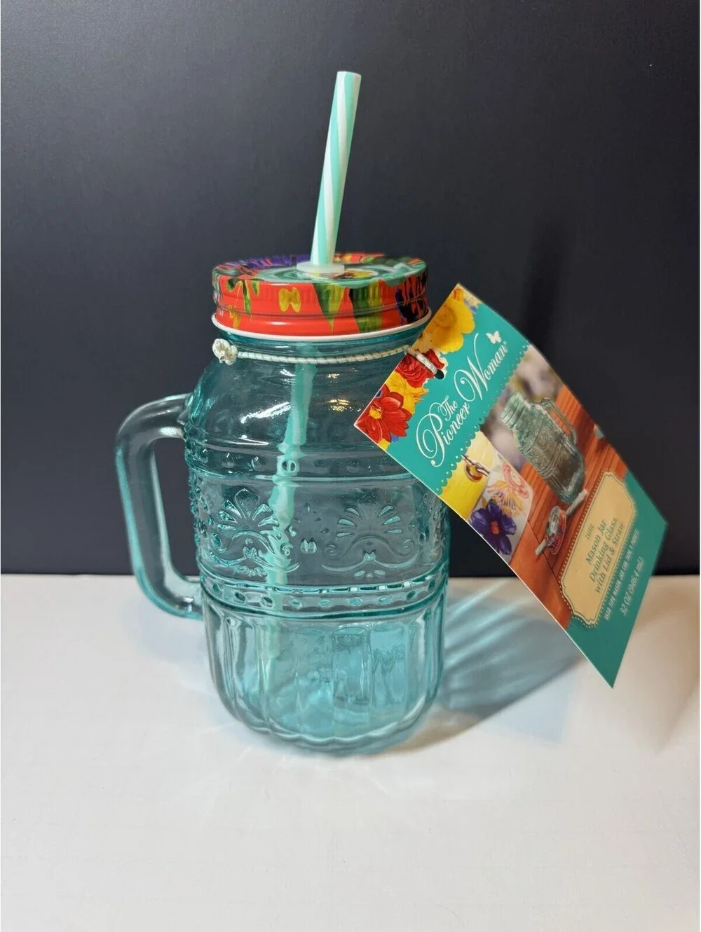 Pioneer Woman Teal Mason Jar Drinking Glass W/Lid & Straw 32 OZ NWT Cassie